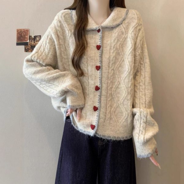 Style Temperament Heart Buckle Peter Pan Collar Knitted Cardigan Women Loose Cute Wind Sweater Jacket