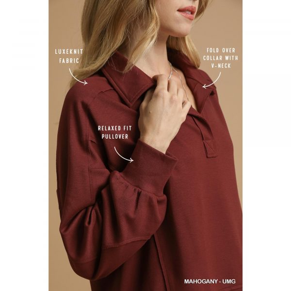 Umgee Exposed Seam Long Sleeve Polo Top with Side Slit