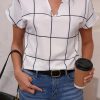 Plaid Print Notched Neck Blouse, Casual Short Sleeve Blouse For Spring & Summer, Women's Clothing