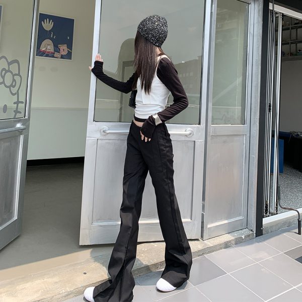 Women's Black Low Waist Suit Flare Trousers Slimming Casual Floor-Length Pants