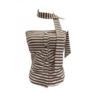 One shoulder strapless striped contrasting ribbon buckle pullover short vest