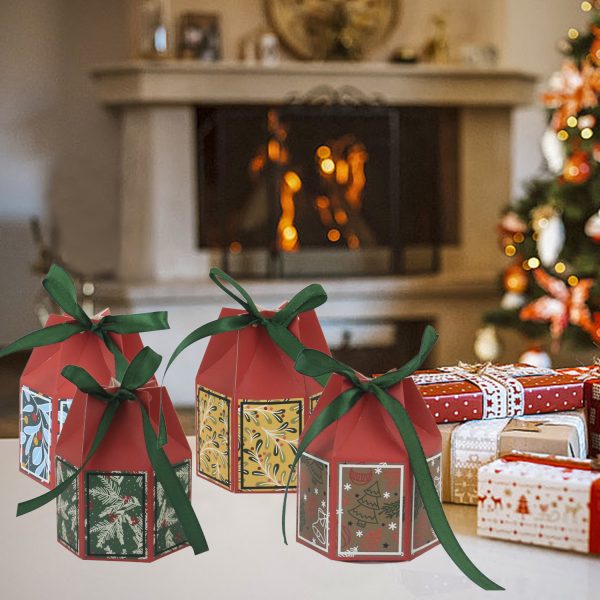 20PCS Christmas Treat Boxes With Ribbons Paper Christmas Tree Bells Pattern Goodie Box Retro Candy Bakery Box For Christmas Party Favors Wrapping Supplies