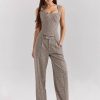 Two piece set of slim fitting plaid tight strap camisole vest and high waisted straight leg casual pants