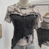 Cowboy patchwork dyed mesh short sleeved t-shirt for women
