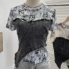Cowboy patchwork dyed mesh short sleeved t-shirt for women