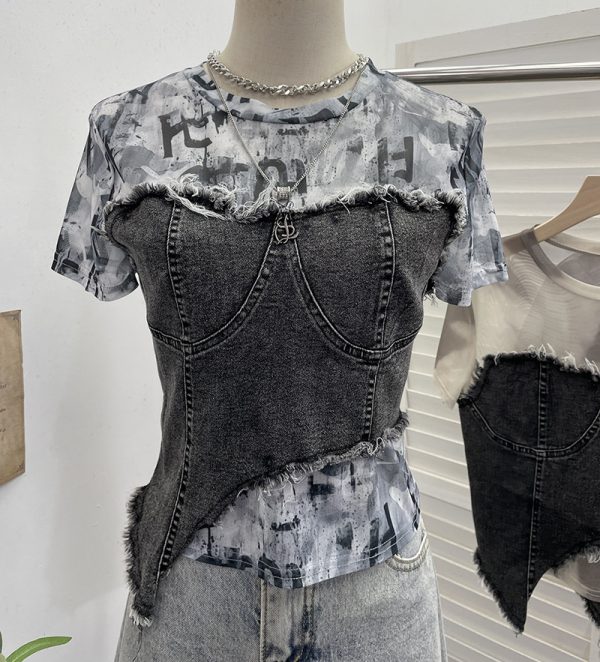 Cowboy patchwork dyed mesh short sleeved t-shirt for women