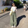 Women's Light Green Wide-Leg Jeans Washed High-Waist Loose Straight Long Pants