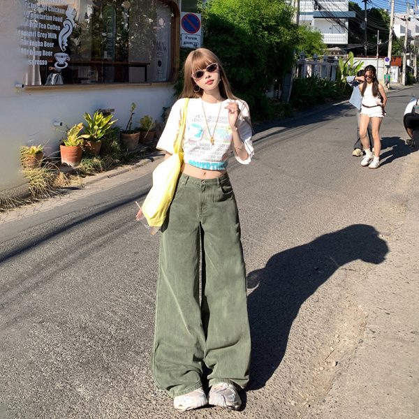 Women's Light Green Wide-Leg Jeans Washed High-Waist Loose Straight Long Pants