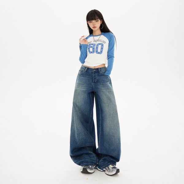 Women's Blue Knife-Leg Jeans  Gradient High-Waist Loose Wide-Leg Pants