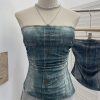 Denim Pattern Tie-Dye Printed Mesh Spaghetti Strap Top