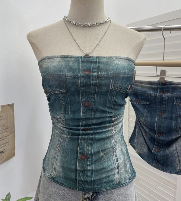 Denim Pattern Tie-Dye Printed Mesh Spaghetti Strap Top