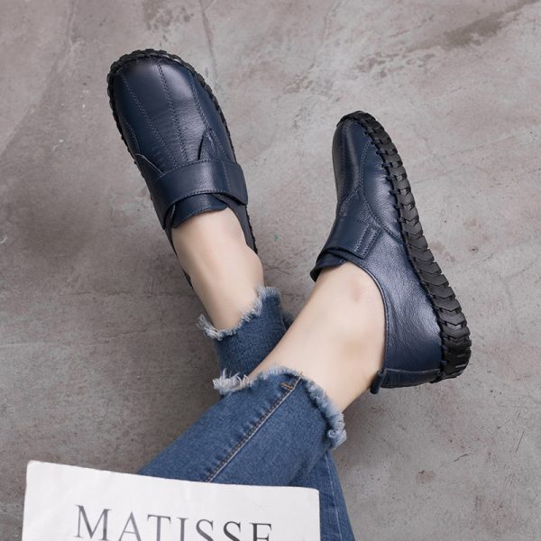 Shenrui Brand Spring and Autumn New Genuine Leather Women's Shoes with Deep Mouth Velcro Stitching Flat Sole Anti-Slip Middle-aged and Elderly Single Shoes