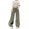 Women's Light Green Wide-Leg Jeans Washed High-Waist Loose Straight Long Pants