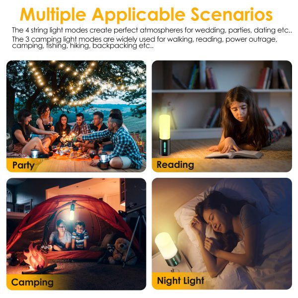 1Pc 4 In 1 Rechargeable Camping String Light IP44 Waterproof Camping Lantern With 33Ft String Light 7 Light Modes Emergency Power Bank Carry Bag For Indoor Outdoor Wedding Party