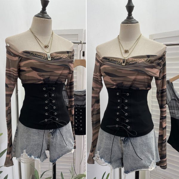 Waist tied horn long sleeved top short T-shirt