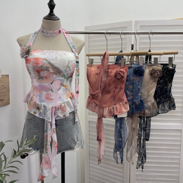 Printed neck hanging flower strapless sleeveless top