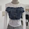 Denim Patchwork Frayed Binding Slim Long Sleeve Short Mesh Top T-Shirt