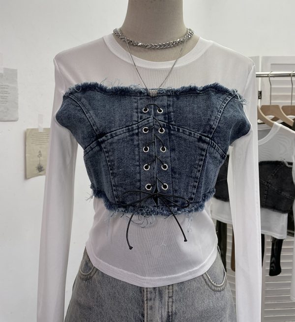 Denim Patchwork Frayed Binding Slim Long Sleeve Short Mesh Top T-Shirt