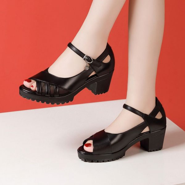 One-Strap High Heel Genuine Leather Sandals for Women White Chunky Heel Thick Sole Waterproof Platform Versatile Wide Size Mother Shoes