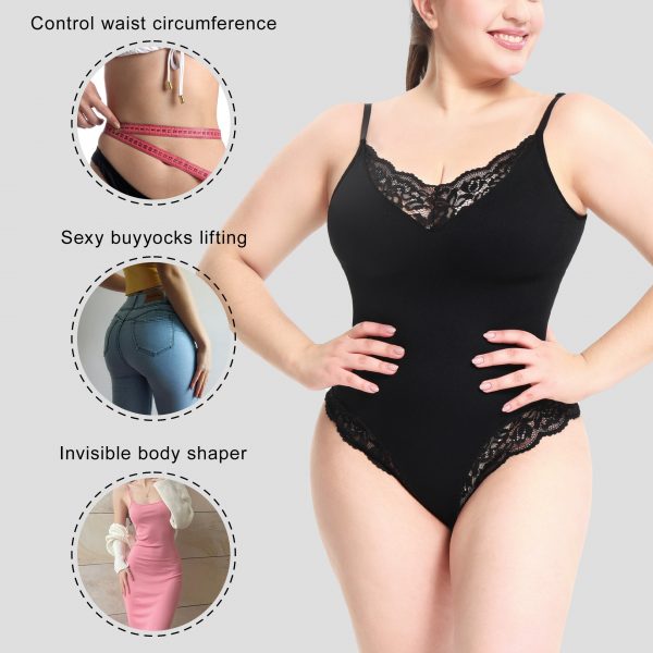 Plus Size Lace Thong Open Crotch Abdominal Support Bodysuit Strap Shapewear Underwear