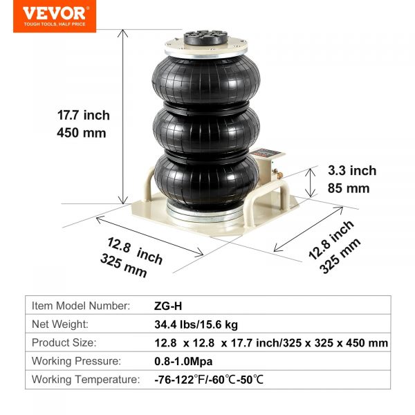VEVOR Air Jack, 3 Ton 6600 Lbs Triple Bag Air Jack, Airbag Jack With Six Steel Pipes, Lift Up To 17.7 Inch 450 Mm, 3-5 S Fast Lifting Pneumatic Jack, With Side Handles For Car, Garage, Repair