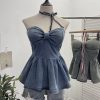Tie up bow hanging neck short strapless top for women