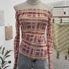 Plaid one shoulder slim embroidered top