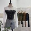 Denim Splicing Mesh Design Long Sleeve T-Shirt with Drawstring Tie Short Fitted Top