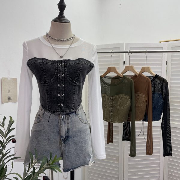 Denim Splicing Mesh Design Long Sleeve T-Shirt with Drawstring Tie Short Fitted Top