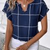 Plaid Print Notched Neck Blouse, Casual Short Sleeve Blouse For Spring & Summer, Women's Clothing
