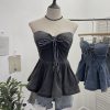 Tie up bow hanging neck short strapless top for women