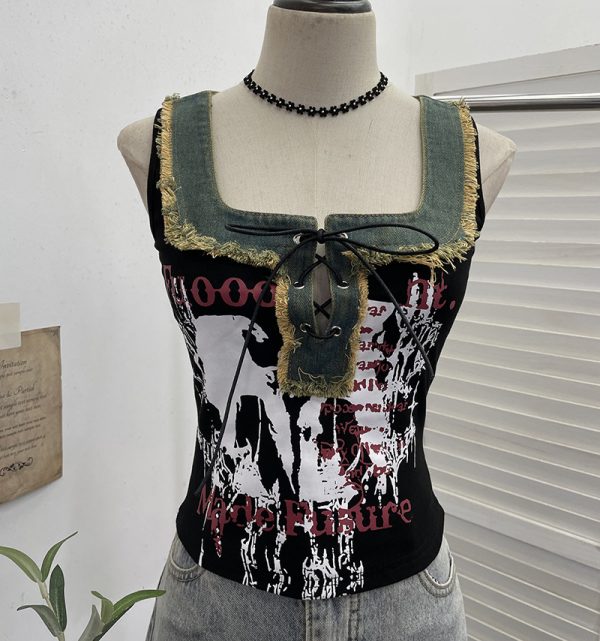 Edge denim patchwork printed vest with tie bow short sleeveless top