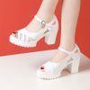 One-Strap High Heel Genuine Leather Sandals for Women White Chunky Heel Thick Sole Waterproof Platform Versatile Wide Size Mother Shoes