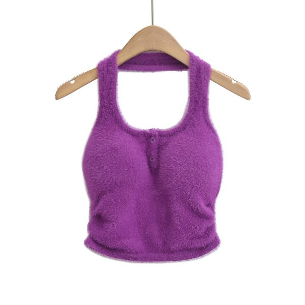 Imitation mink fur pleated neck hanging small camisole vest