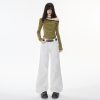 Women's Multi-Pocket Flared Work Jeans with Pleated Design and Low Waist Bootcut Style