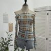 Plaid one shoulder slim embroidered top