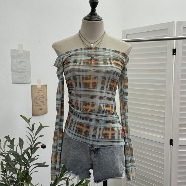 Plaid one shoulder slim embroidered top