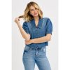 RISEN Button Down Puff Sleeve Crop Denim Shirt