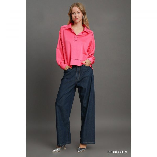 Umgee Exposed Seam Long Sleeve Polo Top with Side Slit