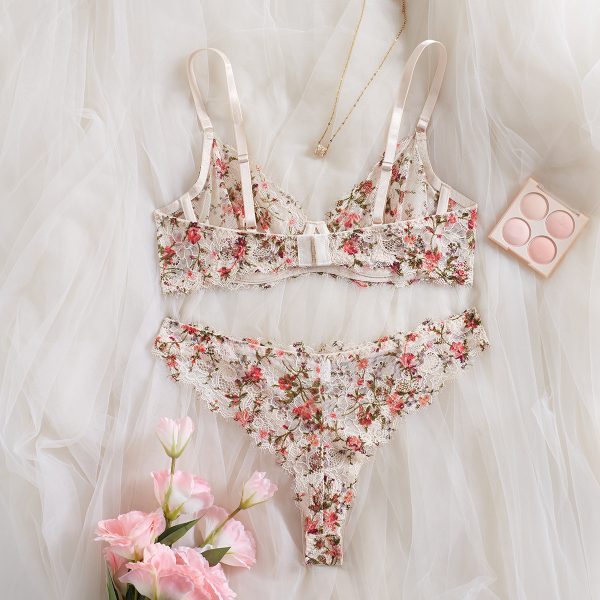 Monet Garden Oil Painting Floral Lace Eyelash Hem Underwear Sexy Hollow Comfortable Gathered Bra Set