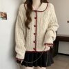 Style Temperament Heart Buckle Peter Pan Collar Knitted Cardigan Women Loose Cute Wind Sweater Jacket