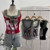 Edge denim patchwork printed vest with tie bow short sleeveless top