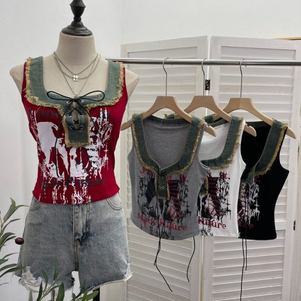 Edge denim patchwork printed vest with tie bow short sleeveless top