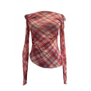 Plaid one shoulder slim embroidered top