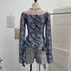 Horn long sleeved T-shirt with irregular ruffle edge and ribbon top