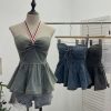 Tie up bow hanging neck short strapless top for women