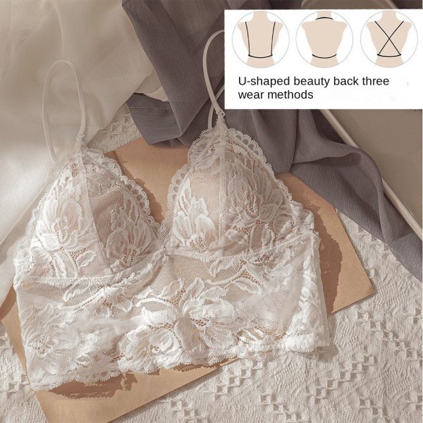 French Sexy Thin Non-Wired Bra Lace Embroidery Underwear for Women U-Shape Backless Strap Camisole Bra