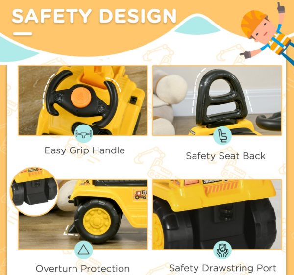 3-in-1 Ride On Excavator Digger Scooter & Pulling Cart, Construction Pretend Play Toy For Kids