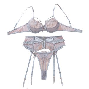 Perspective Embroidered Mesh Splicing Sexy Underwear 3-Piece Set