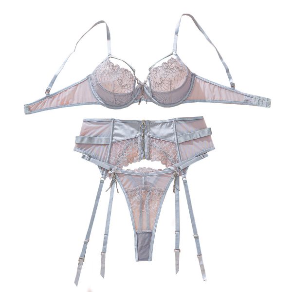 Perspective Embroidered Mesh Splicing Sexy Underwear 3-Piece Set